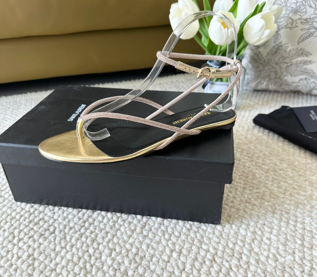 SL CRYSTAL FLAT SANDALS METALLIC GOLD CALFSKIN