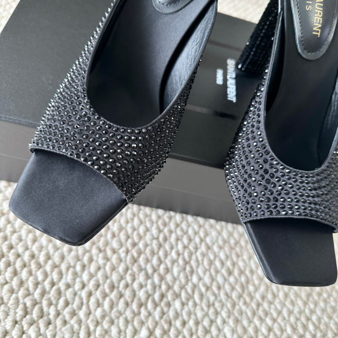 SL SEPT MULES BLACK SATIN AND RHINESTONES