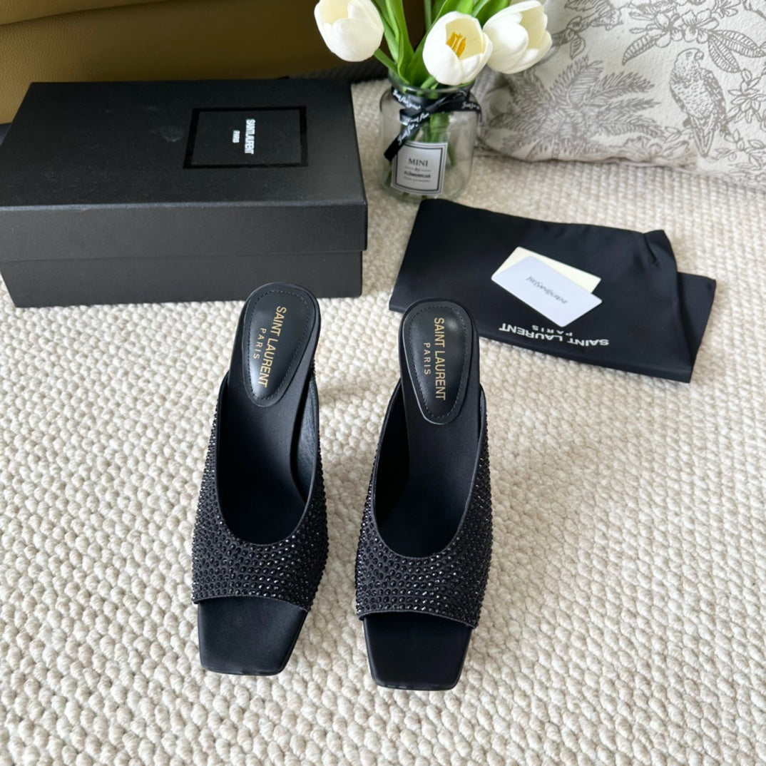 SL SEPT MULES BLACK SATIN AND RHINESTONES