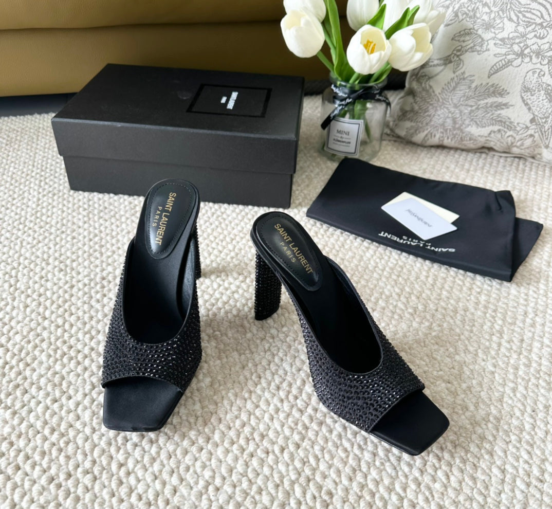 SL SEPT MULES BLACK SATIN AND RHINESTONES