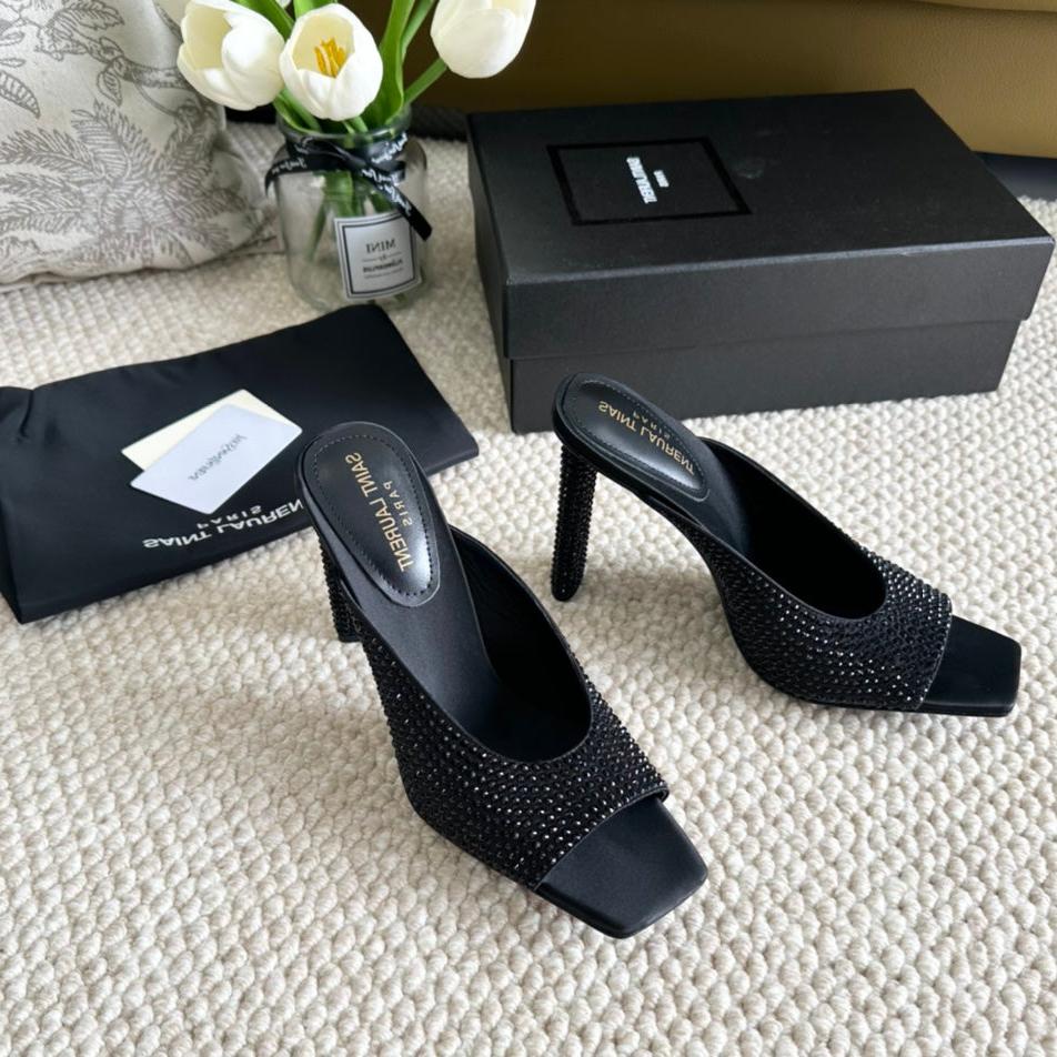 SL SEPT MULES BLACK SATIN AND RHINESTONES