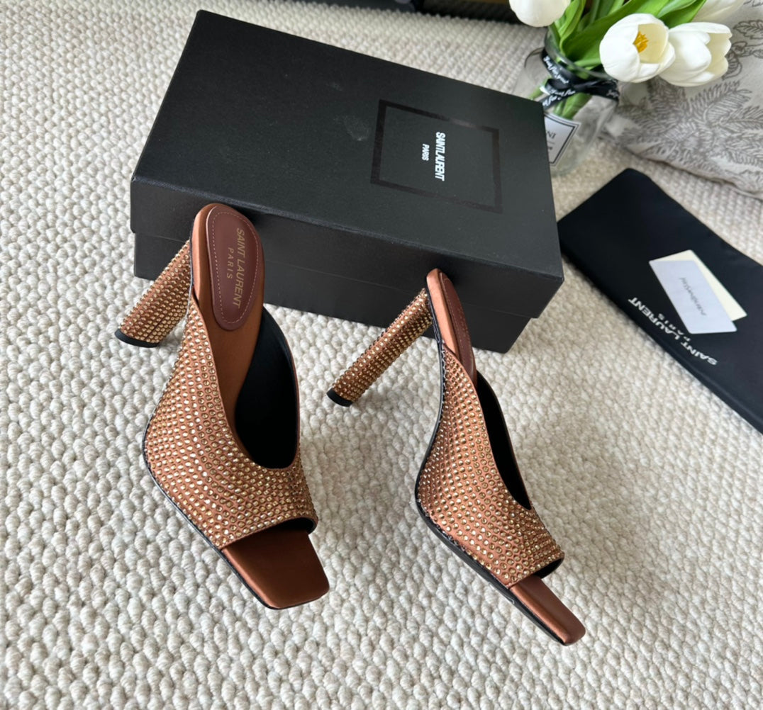 SL SEPT MULES SIENNA SATIN AND RHINESTONES