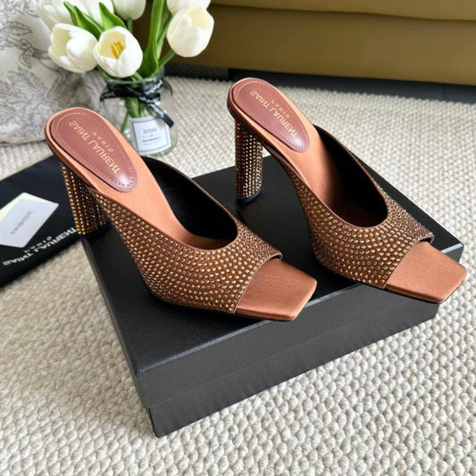 SL SEPT MULES SIENNA SATIN AND RHINESTONES