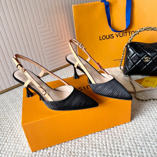 BLOSSOM PUMP SLINGBACKS 75 MM IN BLACK IMPORTED STRIPED SILK SATIN