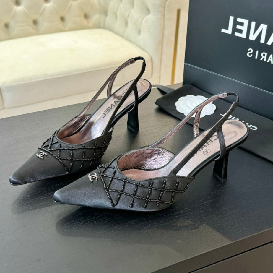 POINTED SLINGBACK MID HEELS BLACK LAMBSKIN