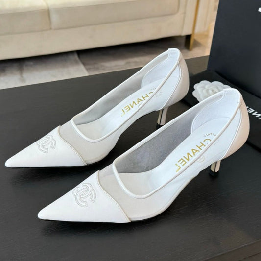 MESH LOGO HEELS IN WHITE LAMBSKIN