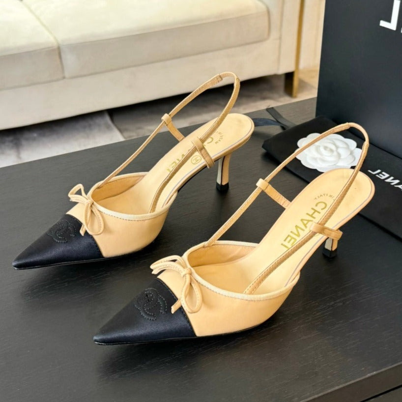 SLINGBACK WITH BOW IN BEIGE CREAM MIX BLACK LAMBSKIN