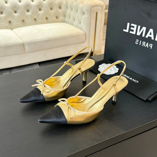 SLINGBACK WITH BOW IN GOLDEN MIX BLACK LAMBSKIN