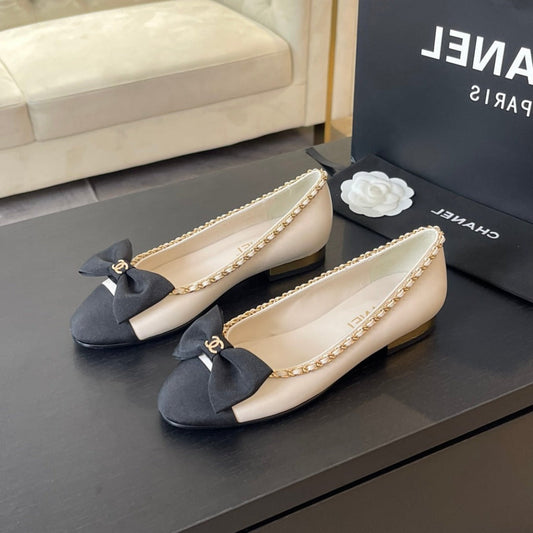 BALLET FLAT WHITE CALFSKIN AND FABRIC