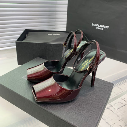 SL FISH MOUTH SANDAL PUMP BERRY POLISHED CALFSKIN
