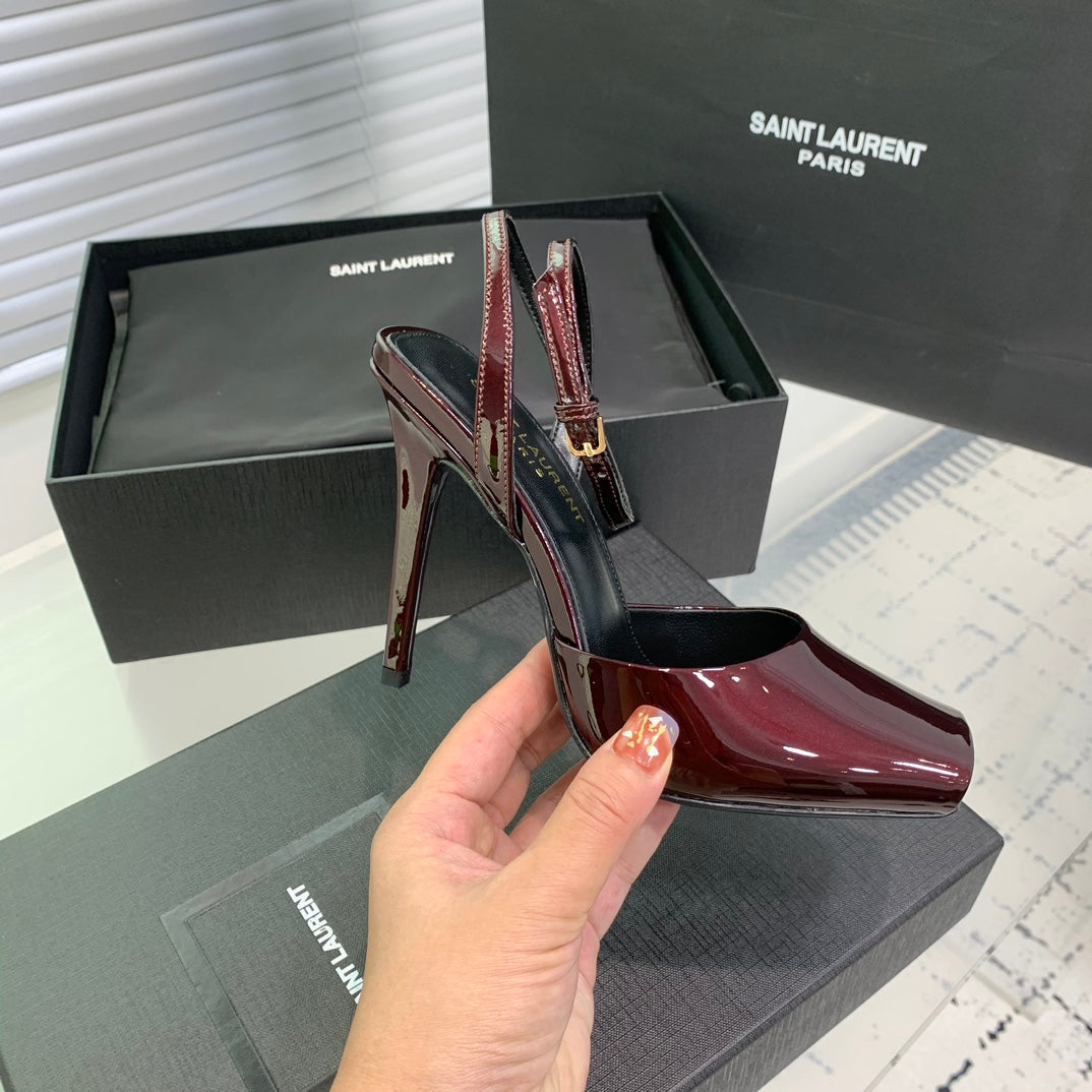 SL FISH MOUTH SANDAL PUMP BERRY POLISHED CALFSKIN
