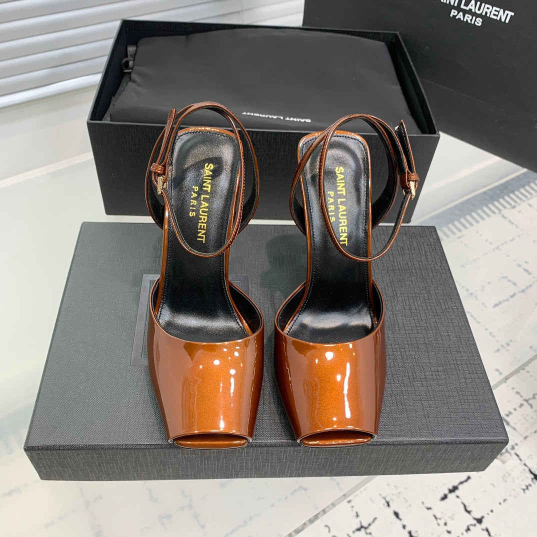 SL FISH MOUTH SANDAL PUMP OCHRE POLISHED CALFSKIN