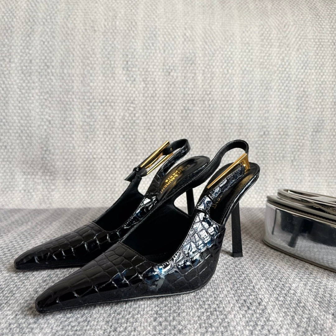 LEE SLINGBACK PUMPS 105 IN BLACK CROCODILE-EMBOSSED LEATHER