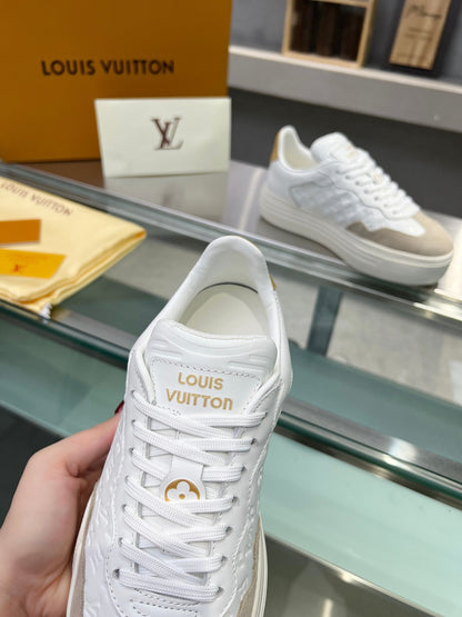 LV WOMEN GROOVY PLATFORM IN CAMEL BROWN SUEDE MIX WHITE EMBOSSED CALFSKIN