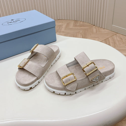 Double Buckle Strap Slides 20 Light Grey Suede