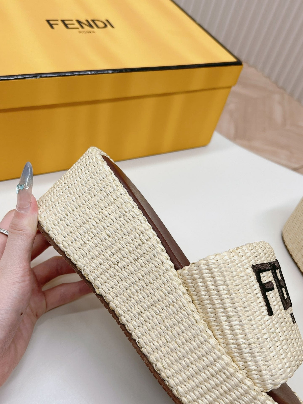 FENDI SIGNATURE WEDGE PLATFORM 6 CM IN BEIGE FIBRE WITH BROWN EMBROIDERED LOGO
