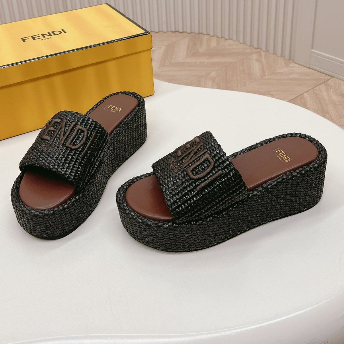 FENDI SIGNATURE WEDGE PLATFORM 6 CM IN BLACK FIBRE WITH BROWN EMBROIDERED LOGO