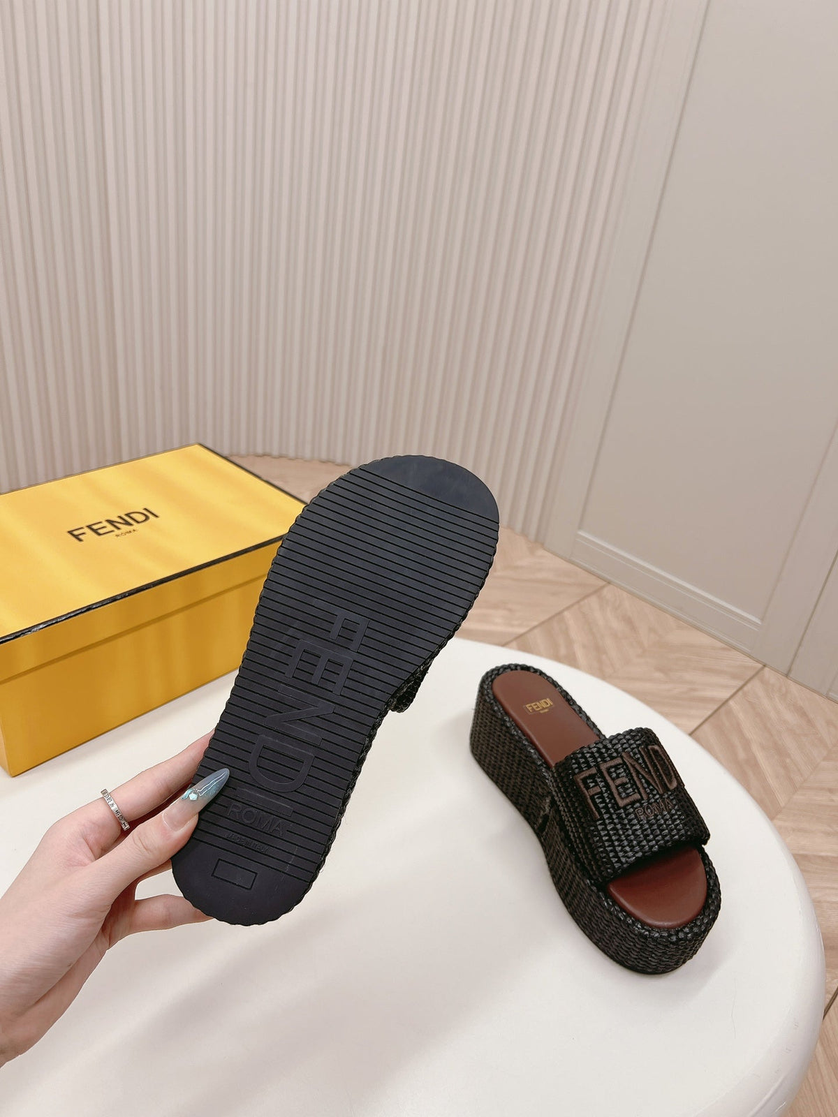 FENDI SIGNATURE WEDGE PLATFORM 6 CM IN BLACK FIBRE WITH BROWN EMBROIDERED LOGO