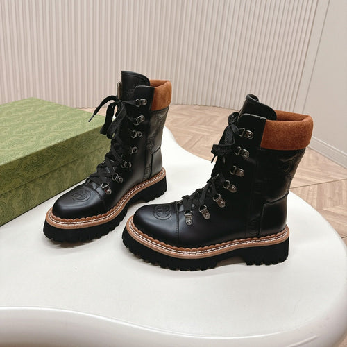 MARTIN LACE-UP ANKLE BOOTS IN BLACK EMBOSSED CALFSKIN MIX BROWN SUEDE