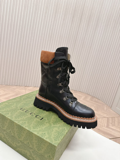 MARTIN LACE-UP ANKLE BOOTS IN BLACK EMBOSSED CALFSKIN MIX BROWN SUEDE
