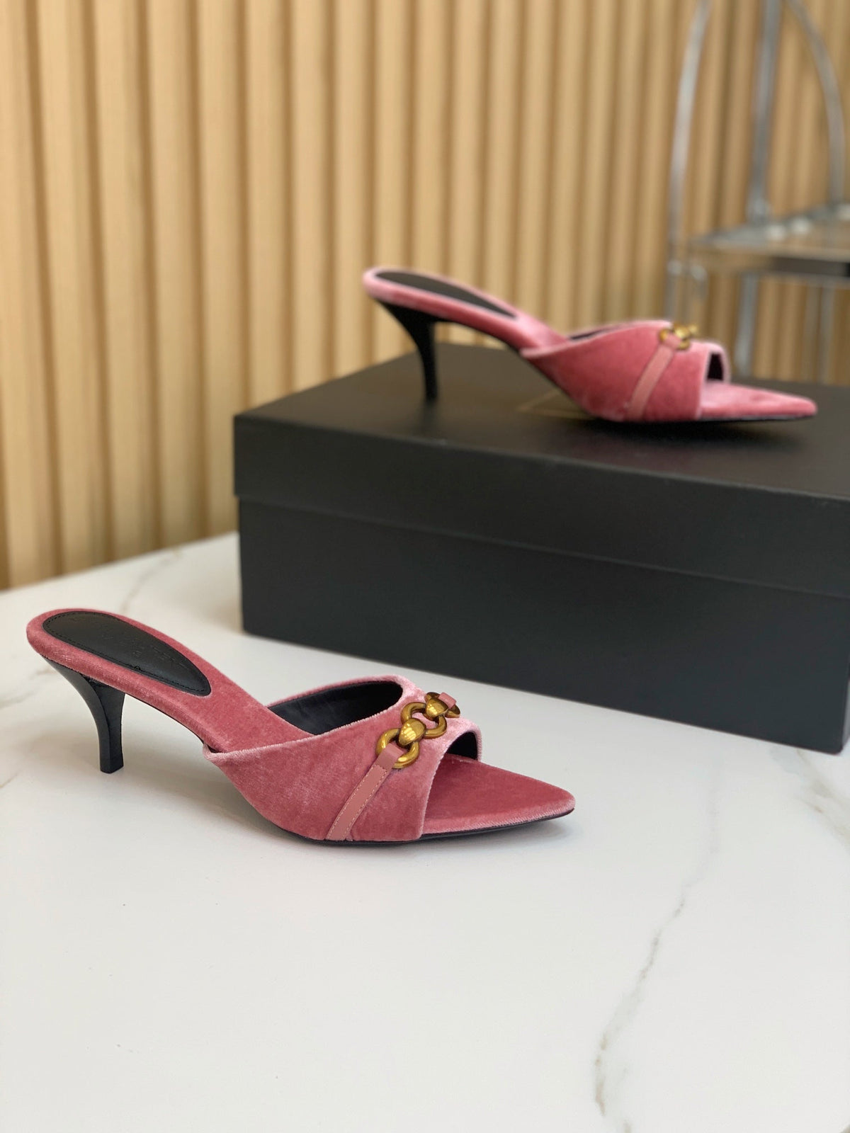 SL CHAIN ATTACH HEELED MULES BLUSH PINK VELVET