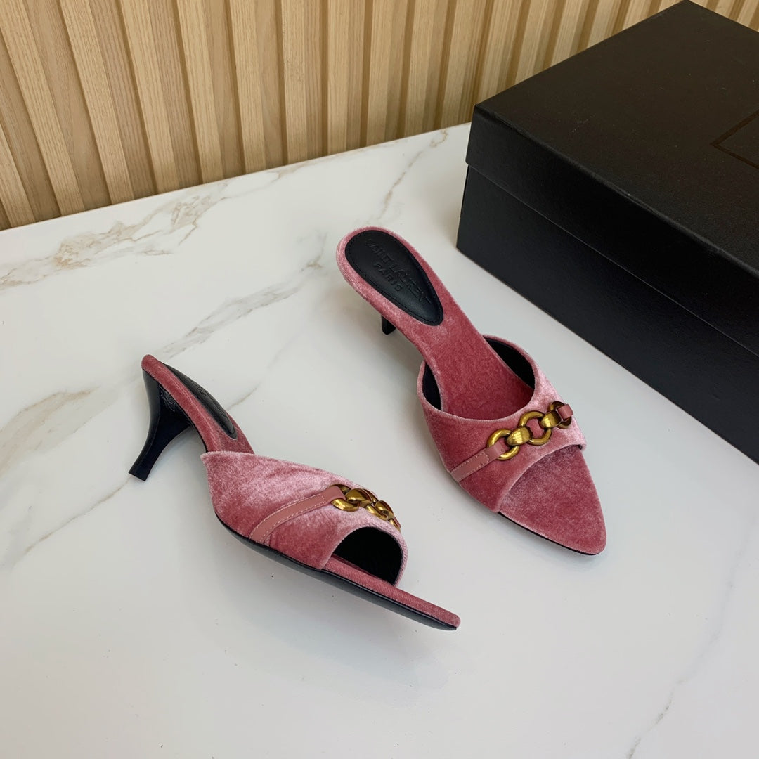 SL CHAIN ATTACH HEELED MULES BLUSH PINK VELVET