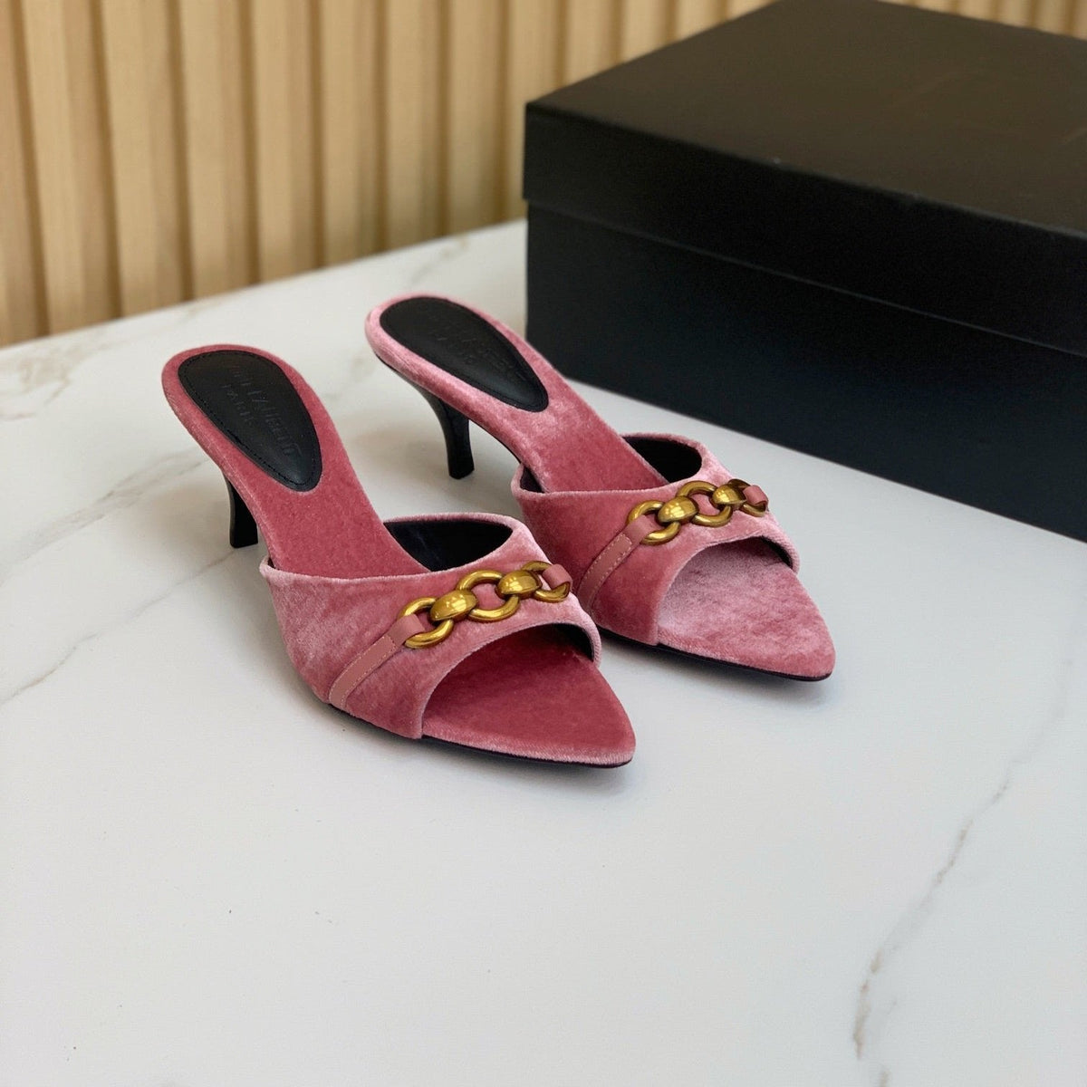 SL CHAIN ATTACH HEELED MULES BLUSH PINK VELVET