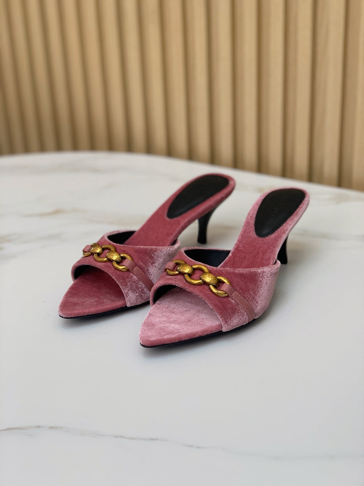 SL CHAIN ATTACH HEELED MULES BLUSH PINK VELVET