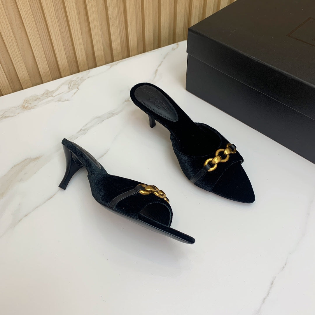 SL CHAIN ATTACH HEELED MULES BLACK VELVET