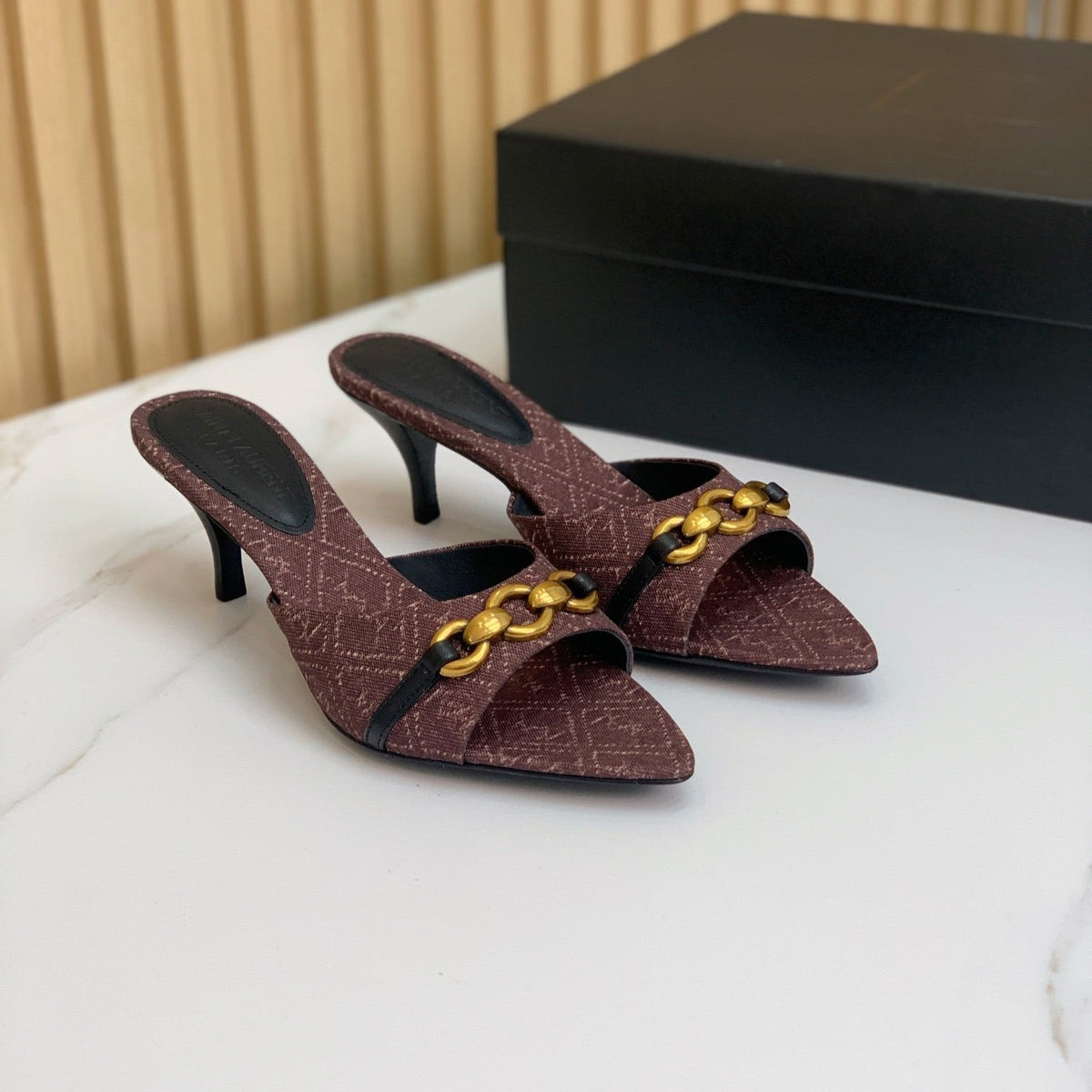 SL CHAIN ATTACH HEELED MULES BROWN DENIM