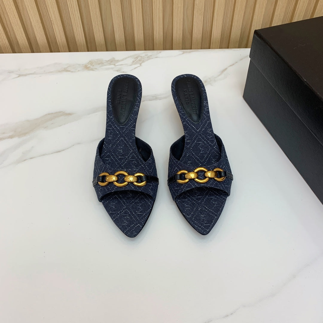 SL CHAIN ATTACH HEELED MULES INDIGO DENIM
