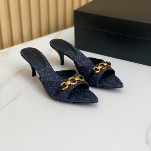 SL CHAIN ATTACH HEELED MULES INDIGO DENIM