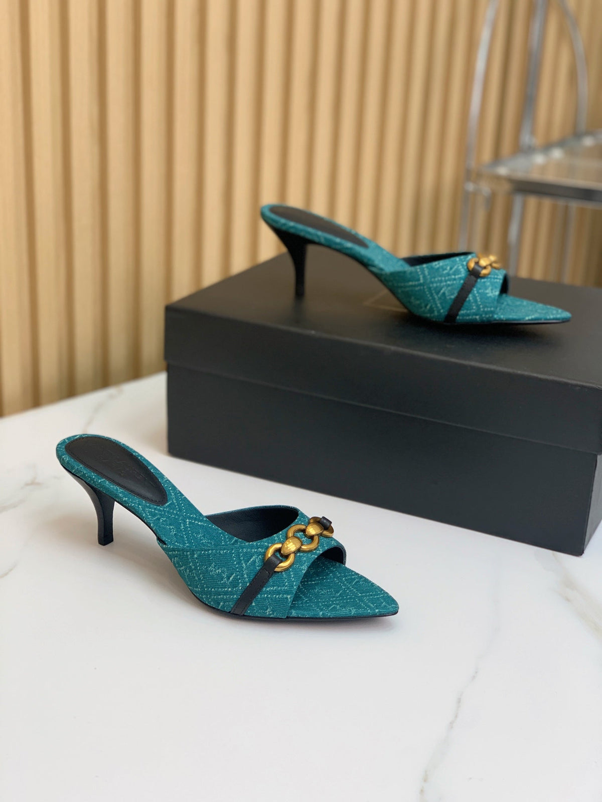 SL CHAIN ATTACH HEELED MULES SAPPHIRE DENIM