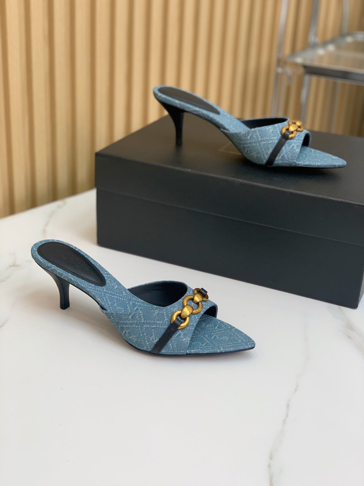 SL CHAIN ATTACH HEELED MULES CERULEAN DENIM