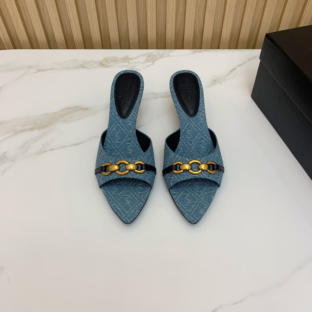 SL CHAIN ATTACH HEELED MULES CERULEAN DENIM