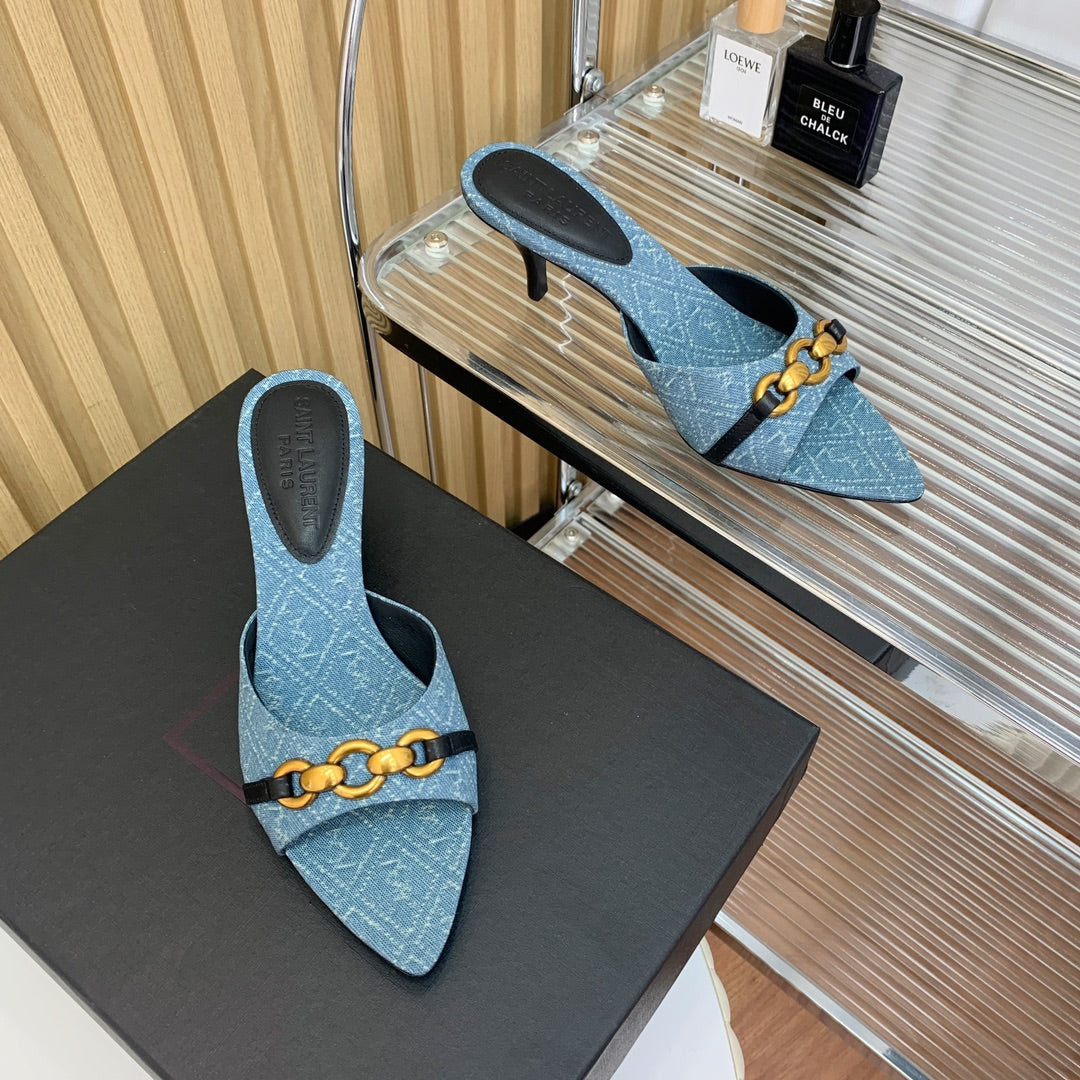 SL CHAIN ATTACH HEELED MULES CERULEAN DENIM