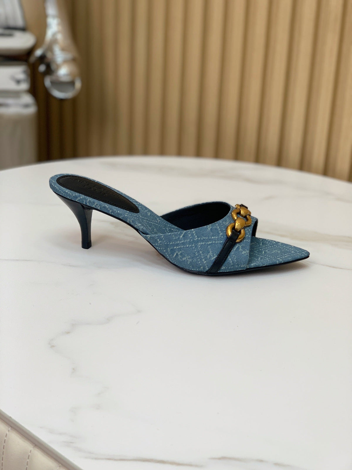 SL CHAIN ATTACH HEELED MULES CERULEAN DENIM