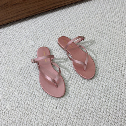 SL CRYSTAL BUCKLE THONG SANDAL LIGHT PINK SATIN