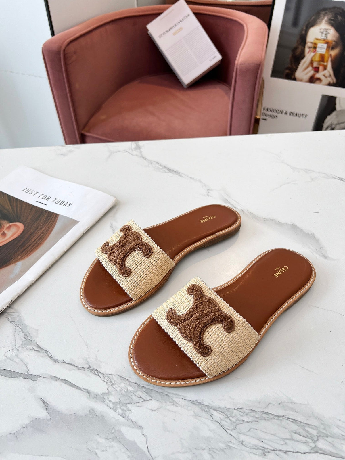 LYMPIA MULE BEIGE RAFFIA AND BROWN WOOL LOGO