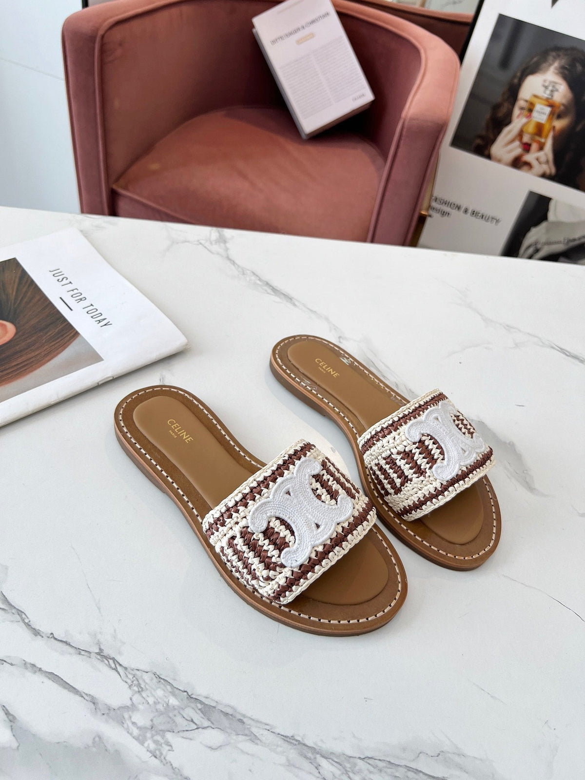 LYMPIA MULE WHITE MIX BROWN RAFFIA