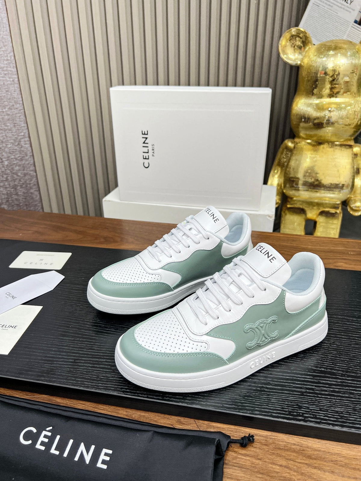 SNEAKER WITH TRIOMPHE IN WHITE MIX PEWTER GREEN CALFSKIN