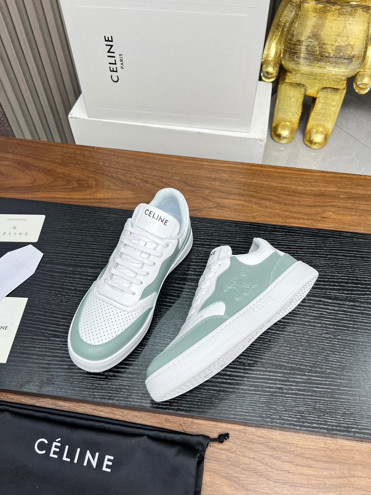 SNEAKER WITH TRIOMPHE IN WHITE MIX PEWTER GREEN CALFSKIN