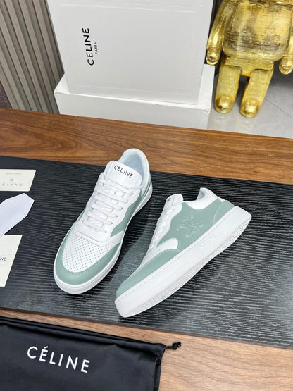 SNEAKER WITH TRIOMPHE IN WHITE MIX PEWTER GREEN CALFSKIN