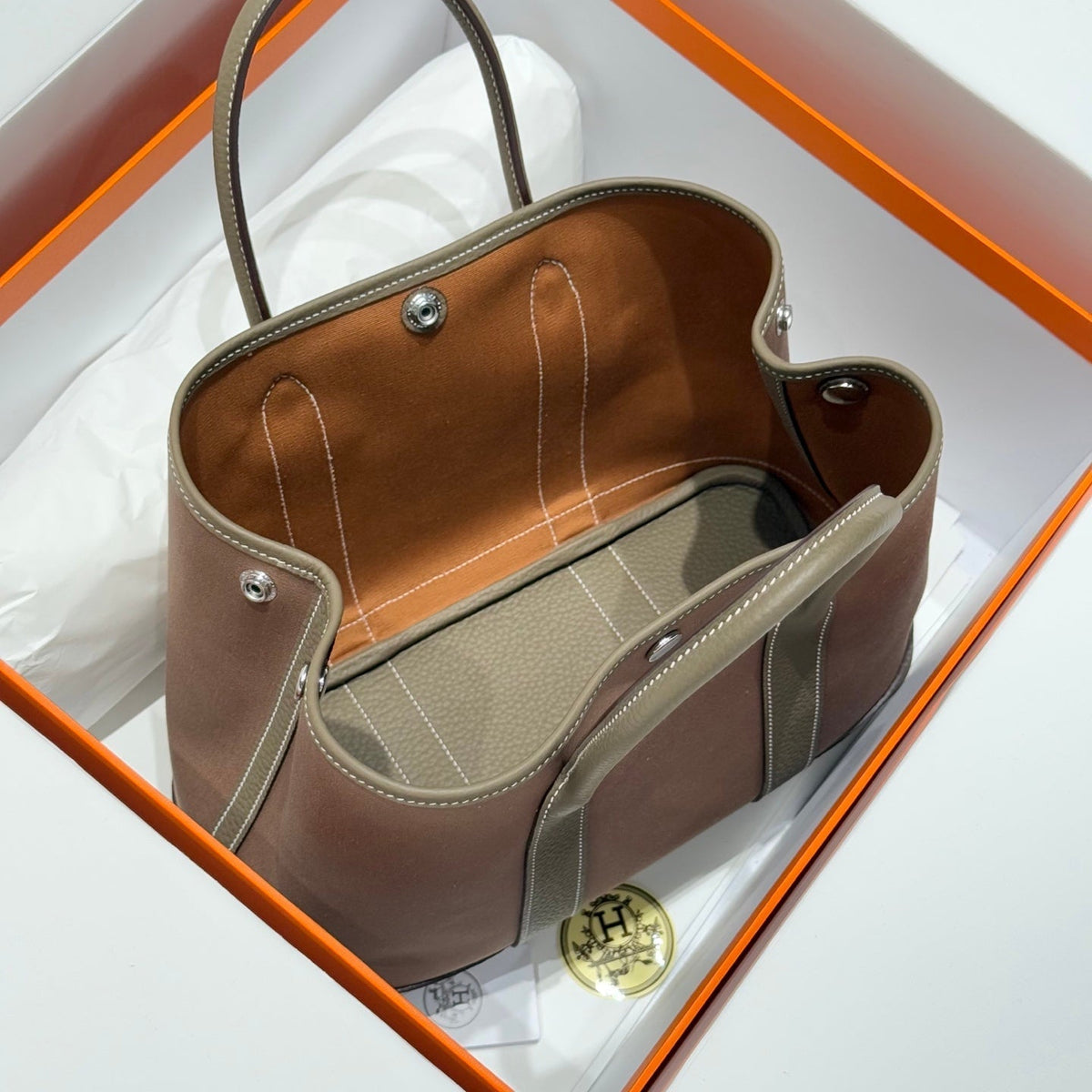 GARDEN PARTY 30CM IN BROWN TOILETS COTTON CANVAS AND TOGO ETOUPE CALFSKIN