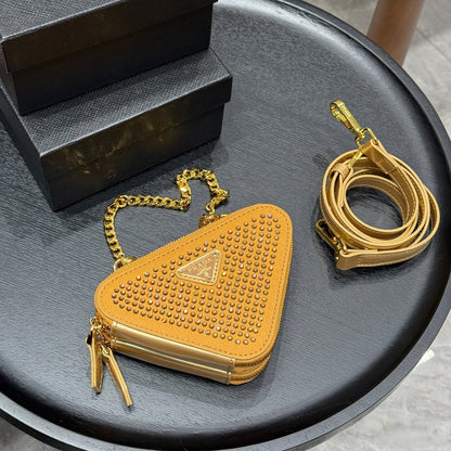 STUDDED CRYSTAL TRIANGLE 15 SHOULDER BAG IN YELLOW CALFSKIN