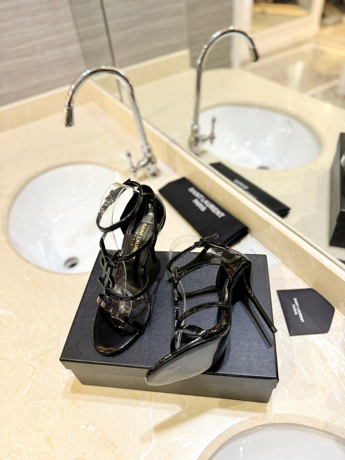 SL CASSANDRA HEELED SANDALS BLACK POLISHED CALFSKIN