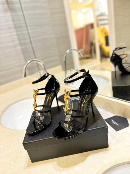 SL CASSANDRA HEELED SANDALS BLACK-GOLD CALFSKIN
