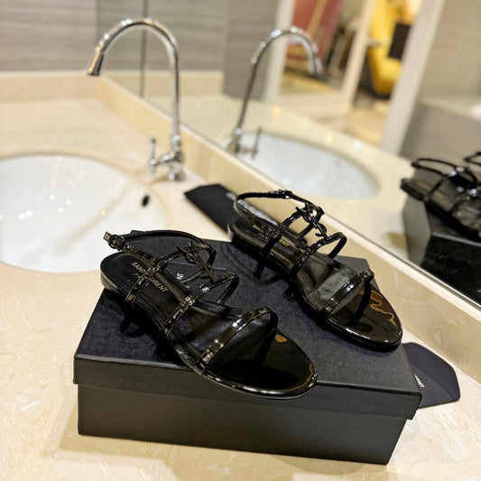 SL LOGO FLAT SANDALS BLACK POLISHED CALFSKIN