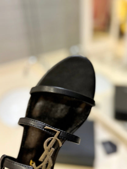 SL LOGO FLAT SANDALS BLACK CALFSKIN
