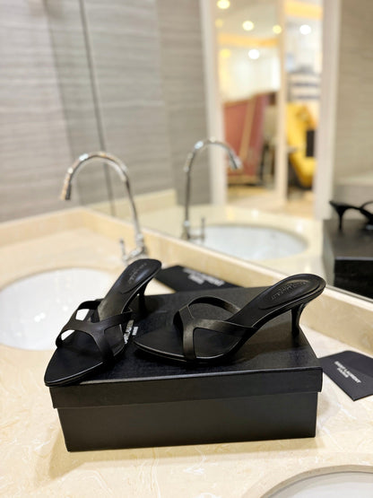 SL OPEN-TOES HIGH HEELS SLIPPER BLACK CALFSKIN